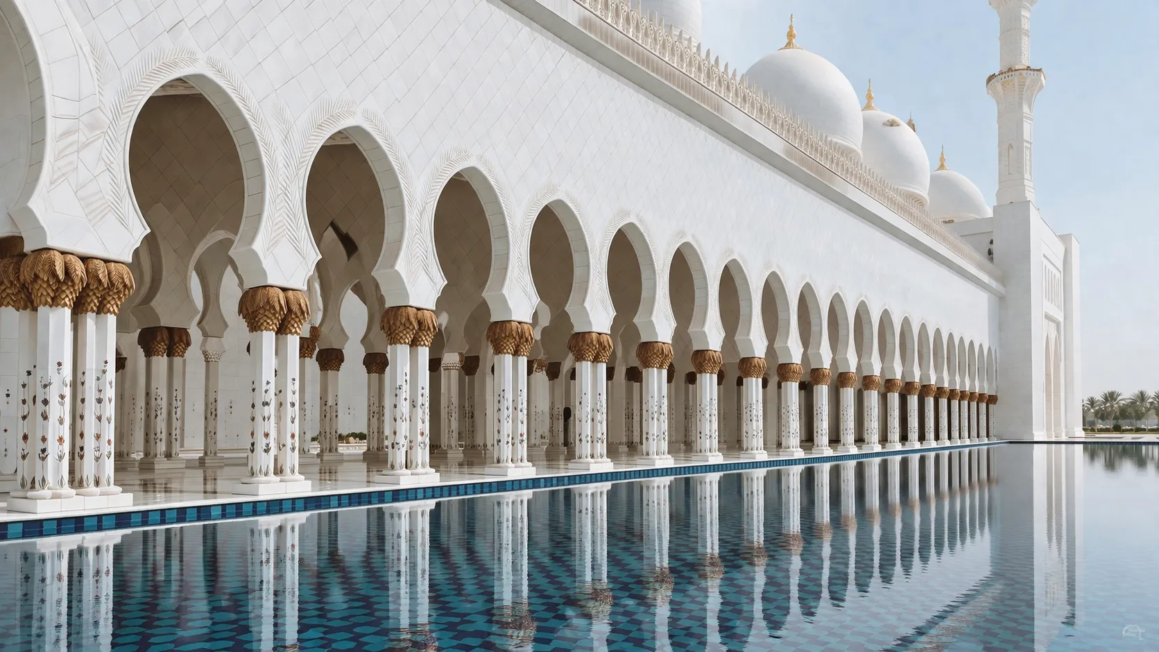 Mosque courtyard with minaret, domes, horseshoe arches, and reflecting pool.