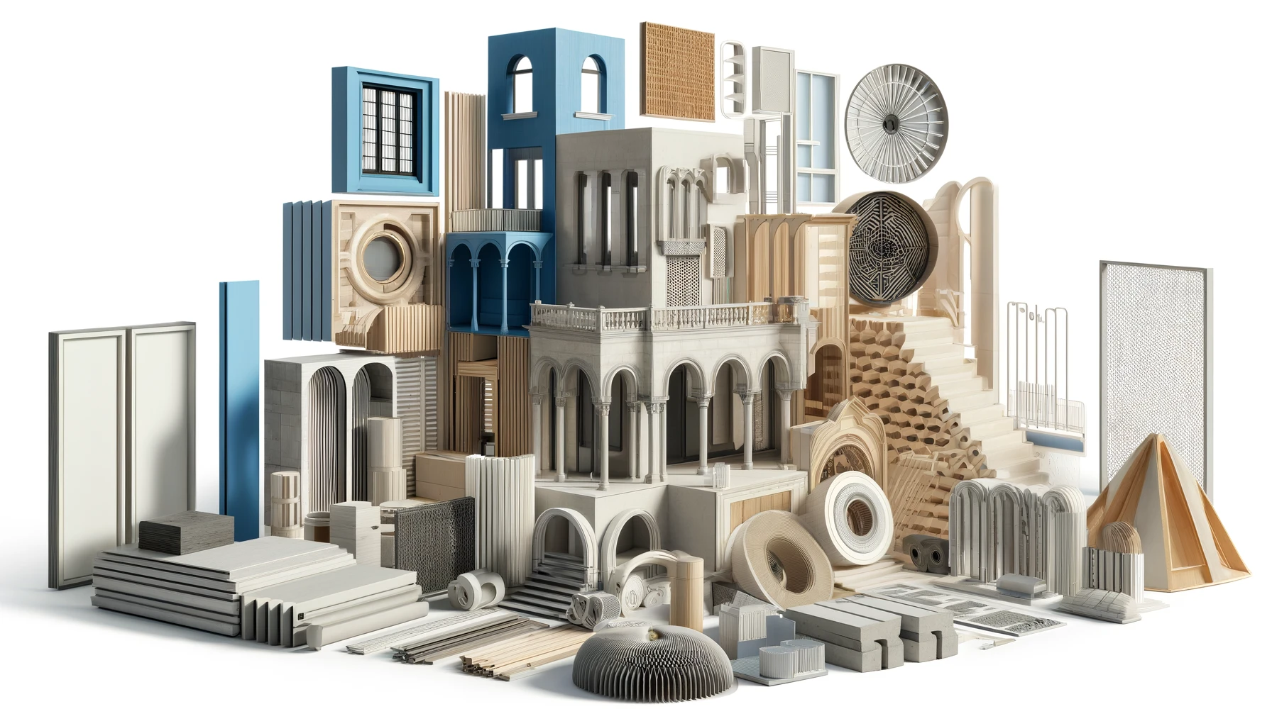 Display of various architectural materials including modelling materials, panels, bamboo, and cement arches.