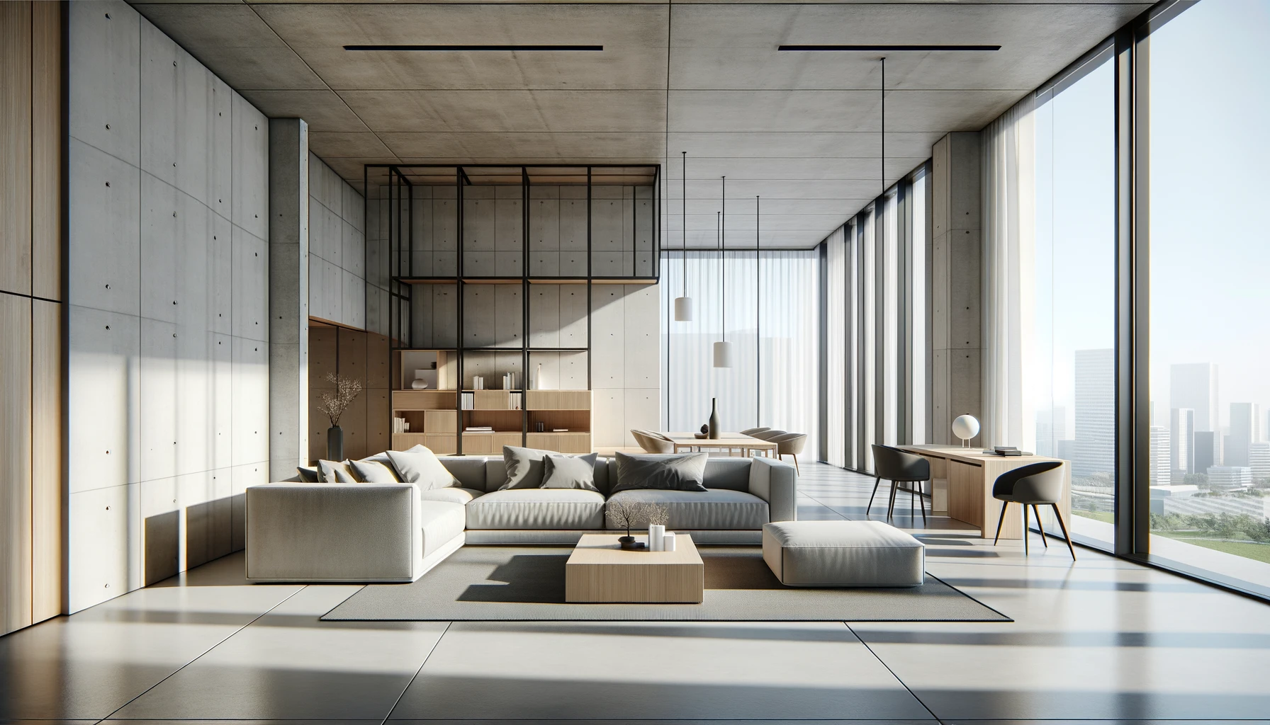 Minimalist living room with clean lines, large windows, neutral colors, and multifunctional furniture.