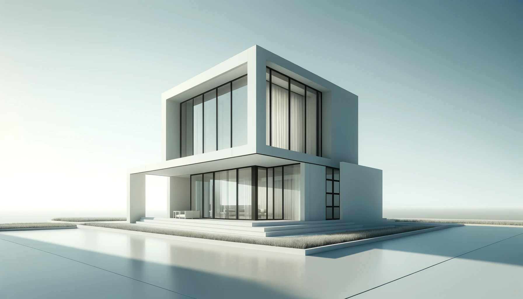Minimalist building with clean lines and large windows, set against a clear sky.