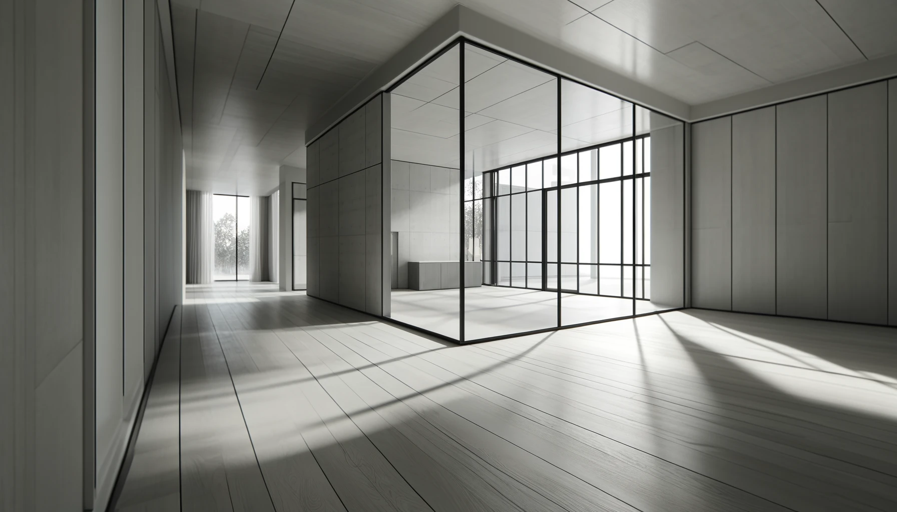 Minimalist interior with clean lines, large windows, open floor plan, and natural materials.