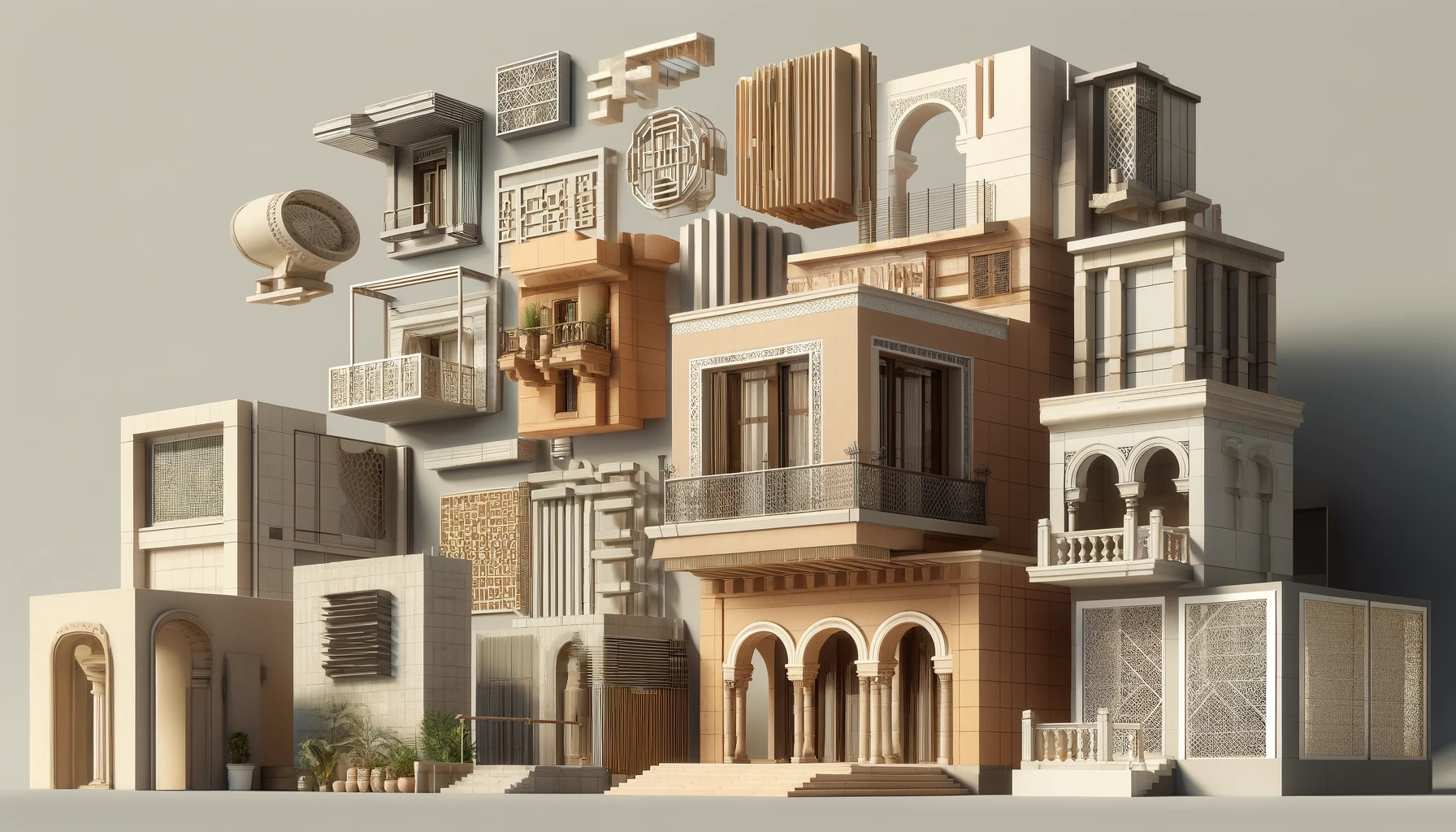 Modern cityscape with diverse architectural elements like terracotta facades, louvers, and bamboo designs.