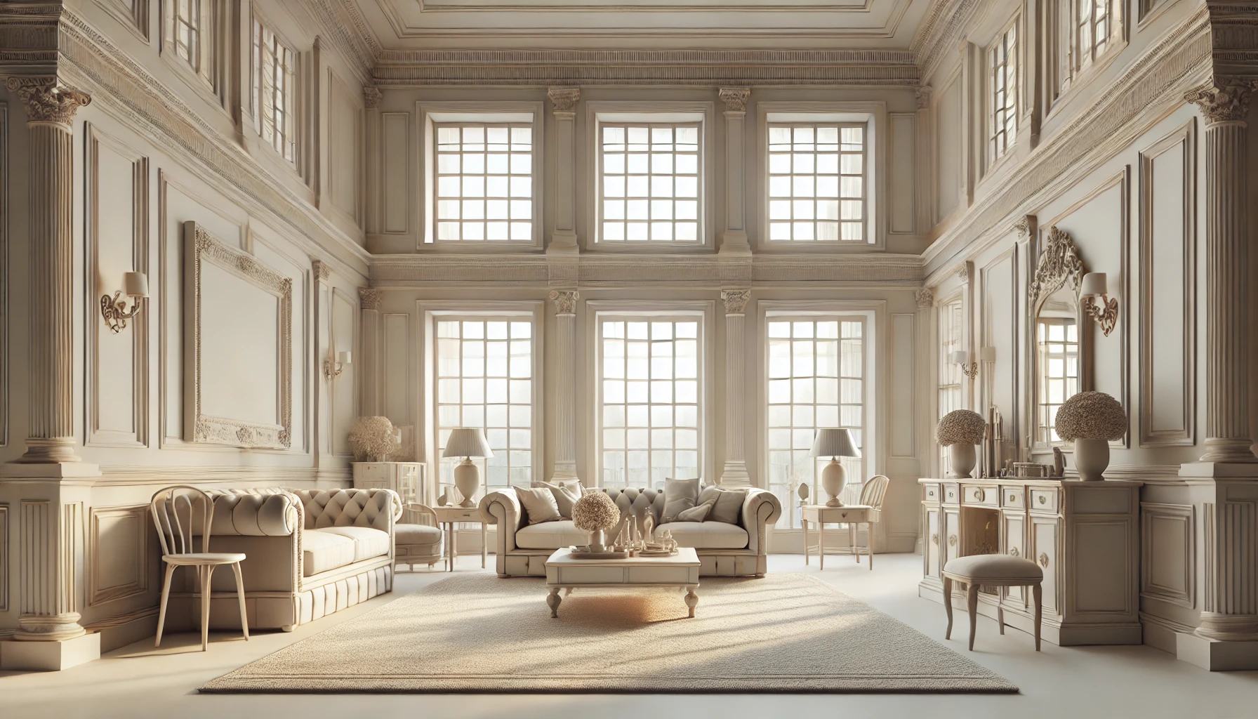 Colonial-style living room with classic furniture and large multi-paned windows.