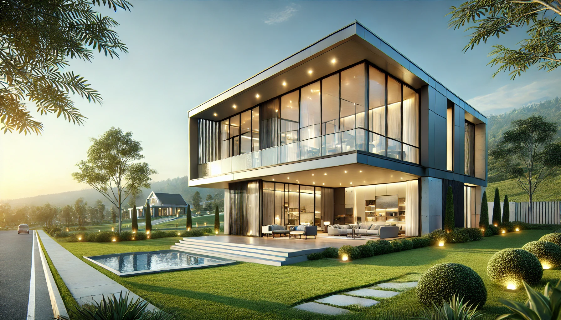 Contemporary-style home with sleek lines, large glass walls, and open interior layout.