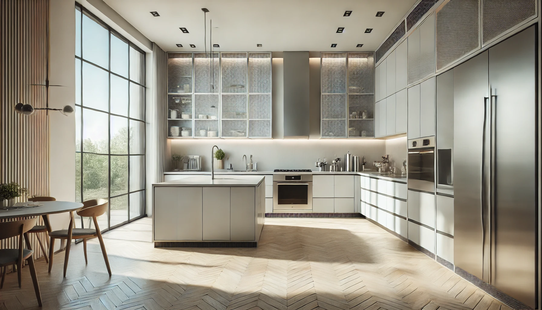 Contemporary-style kitchen with sleek lines, large glass windows, and modern appliances.