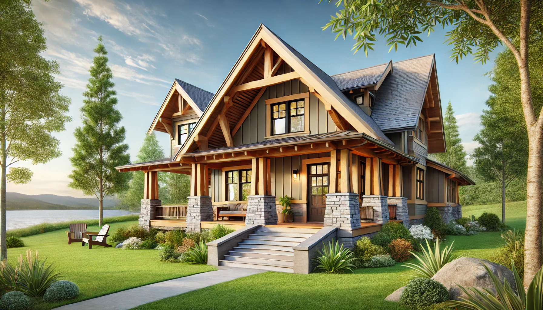 Craftsman-style home with exposed beams, large porch, and natural materials.