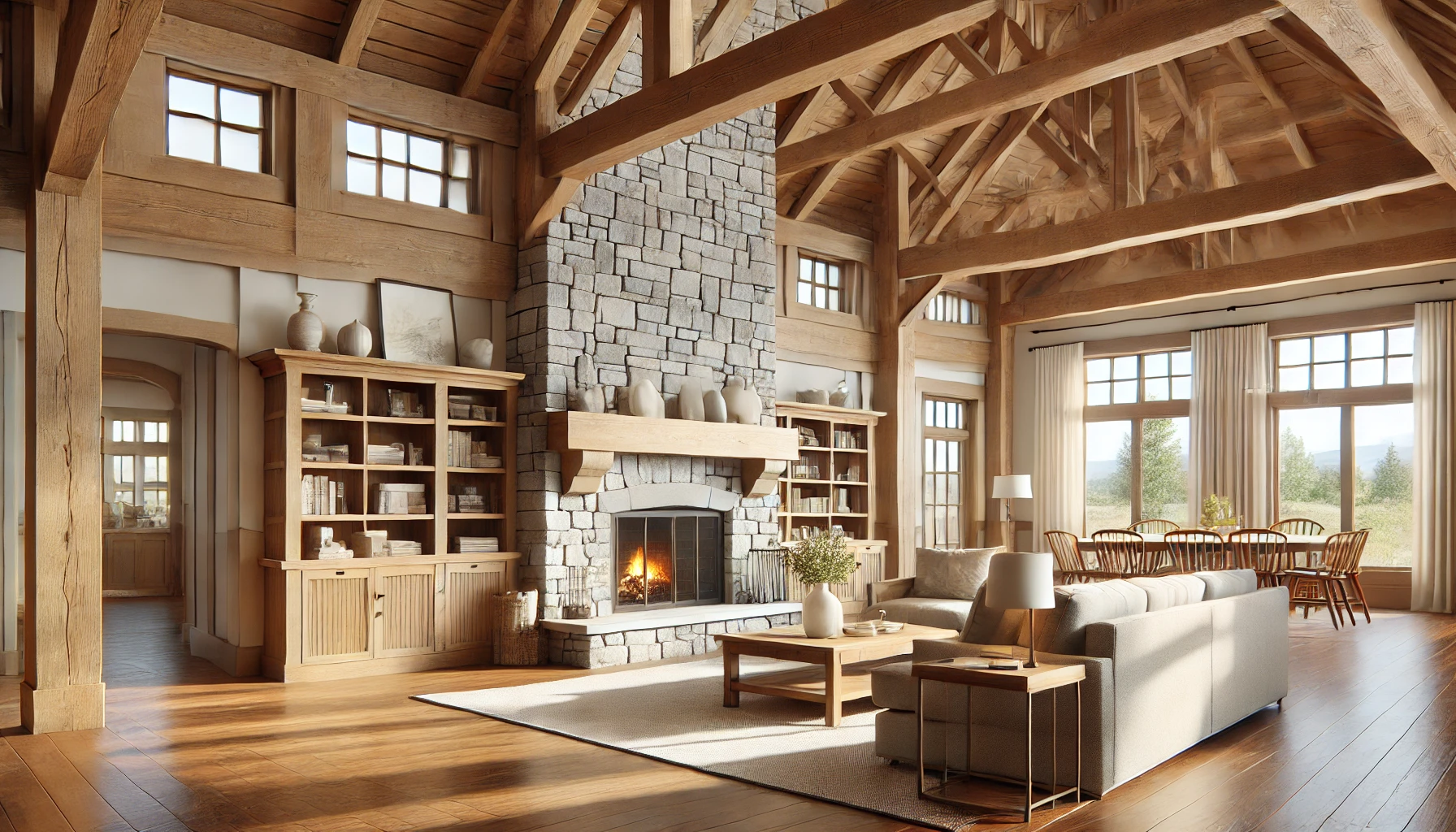 Craftsman-style living room with exposed beams, stone fireplace, and built-in bookshelves.
