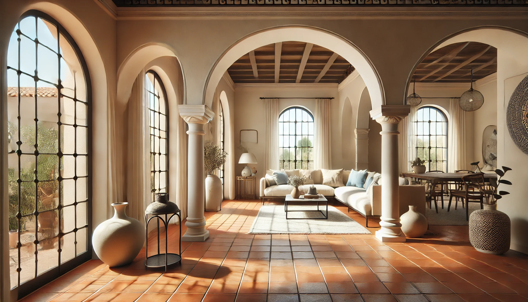 Mediterranean-style living room with arched doorways, terracotta flooring, and wrought iron details.