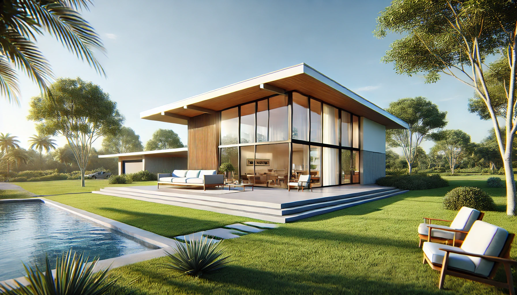 Mid-Century Modern home with clean lines, large windows, and minimalist design.