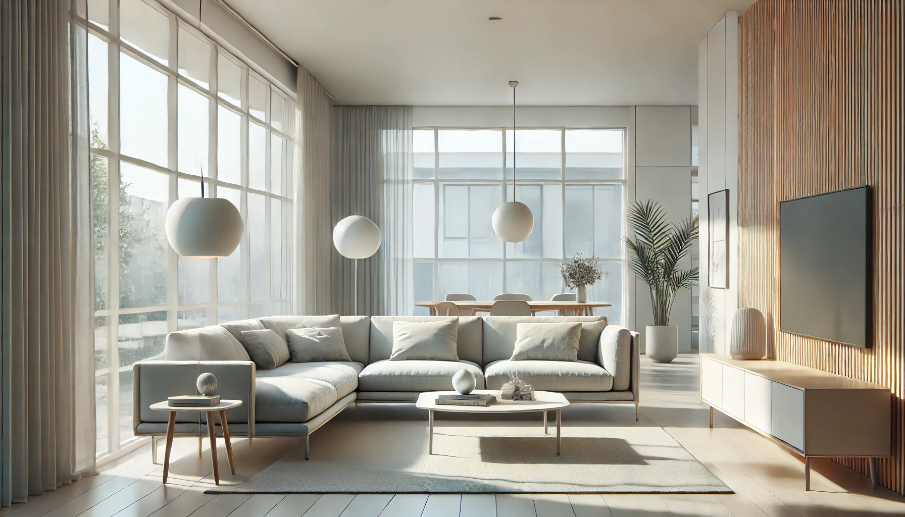 Mid-Century Modern living room with clean lines, large windows, and minimalist furniture.