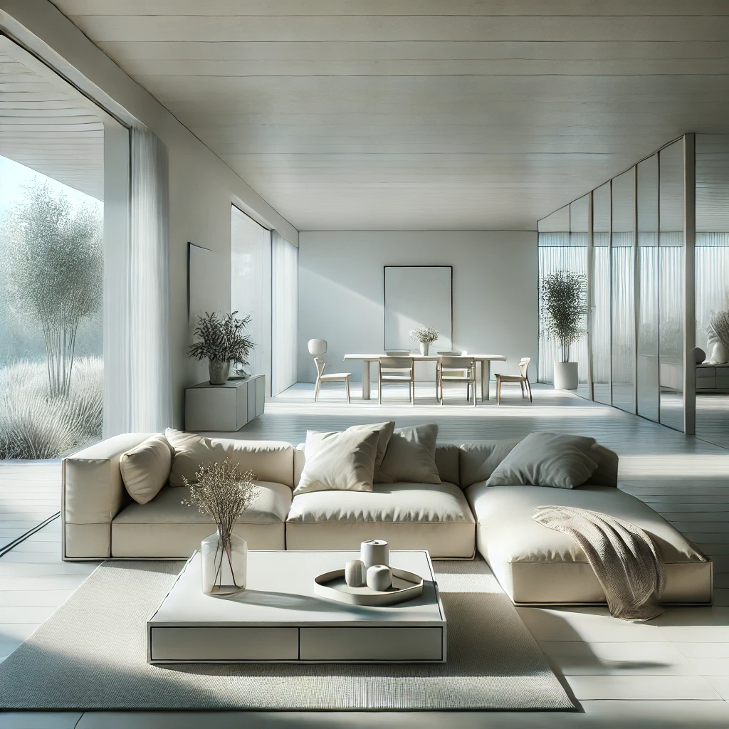 A minimalist home design features a serene, clutter-free living room with clean lines, and neutral colors.