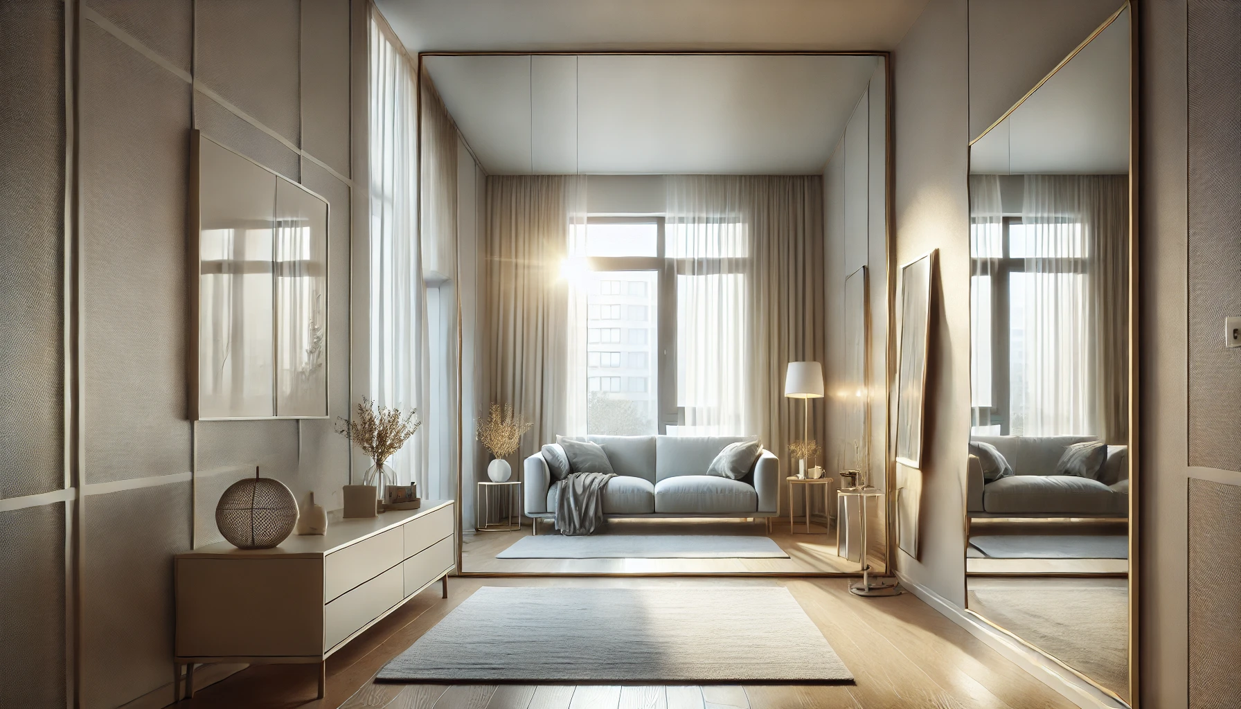 A small apartment living area with a large mirror reflecting natural light.