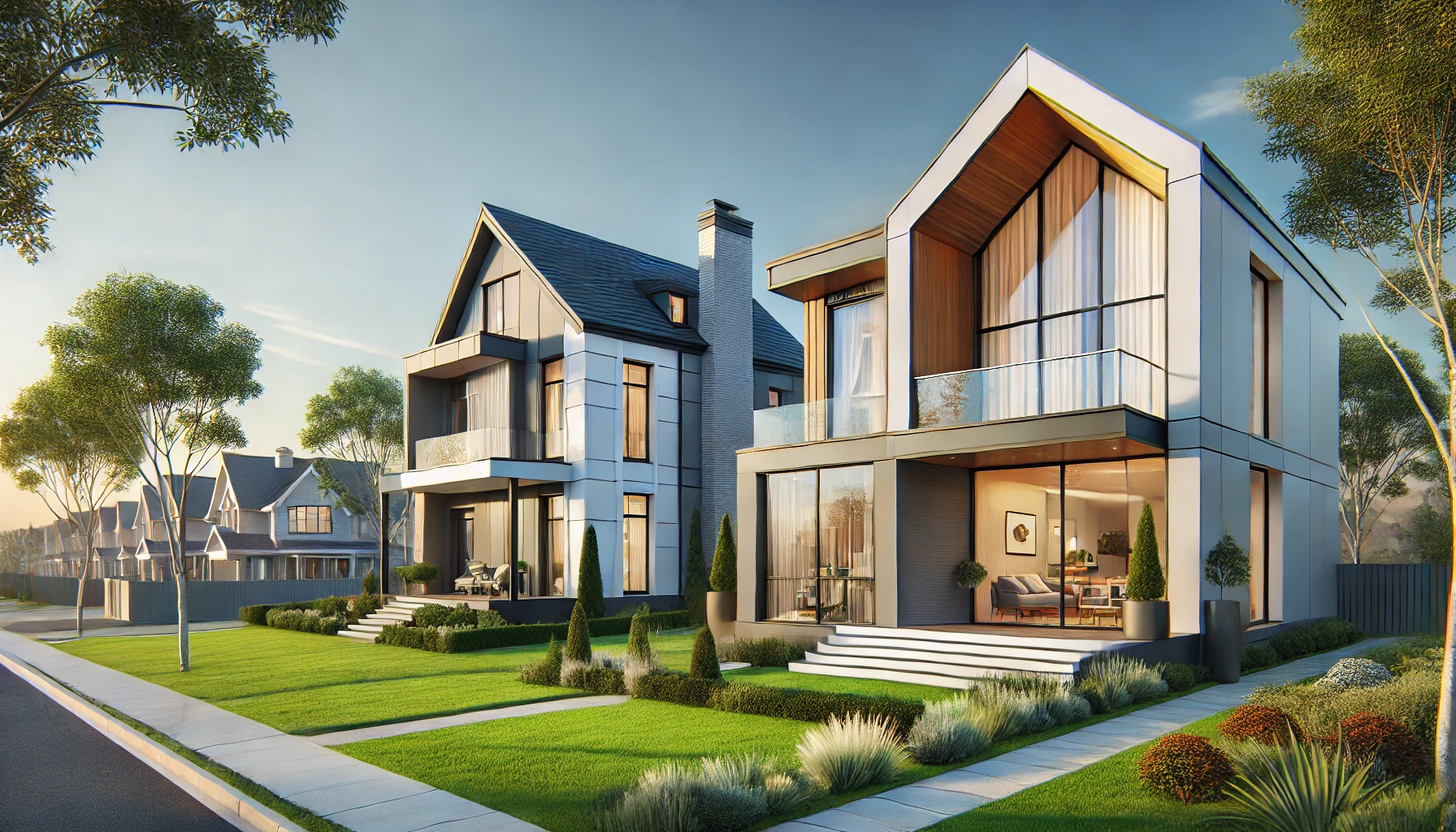 Modern and traditional homes in a beautiful neighborhood with green lawns and clear blue sky.