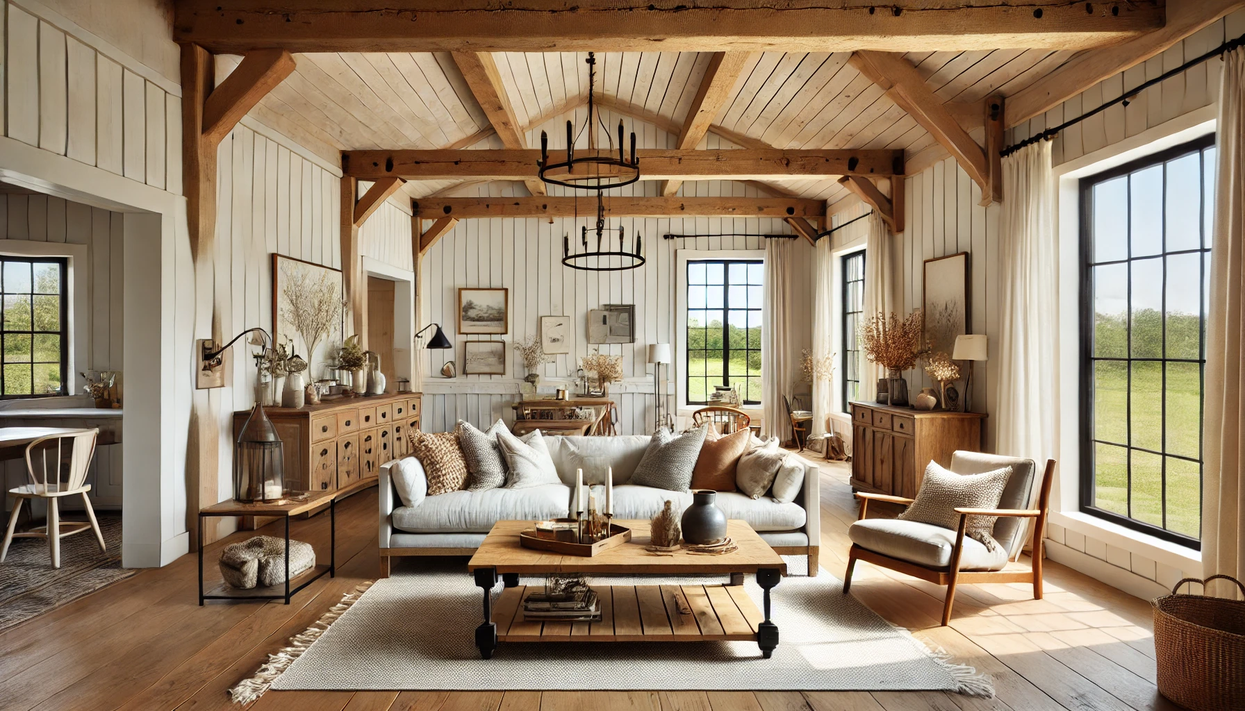 Modern farmhouse living room with neutral tones, wooden beams, shiplap walls, and mixed textures.