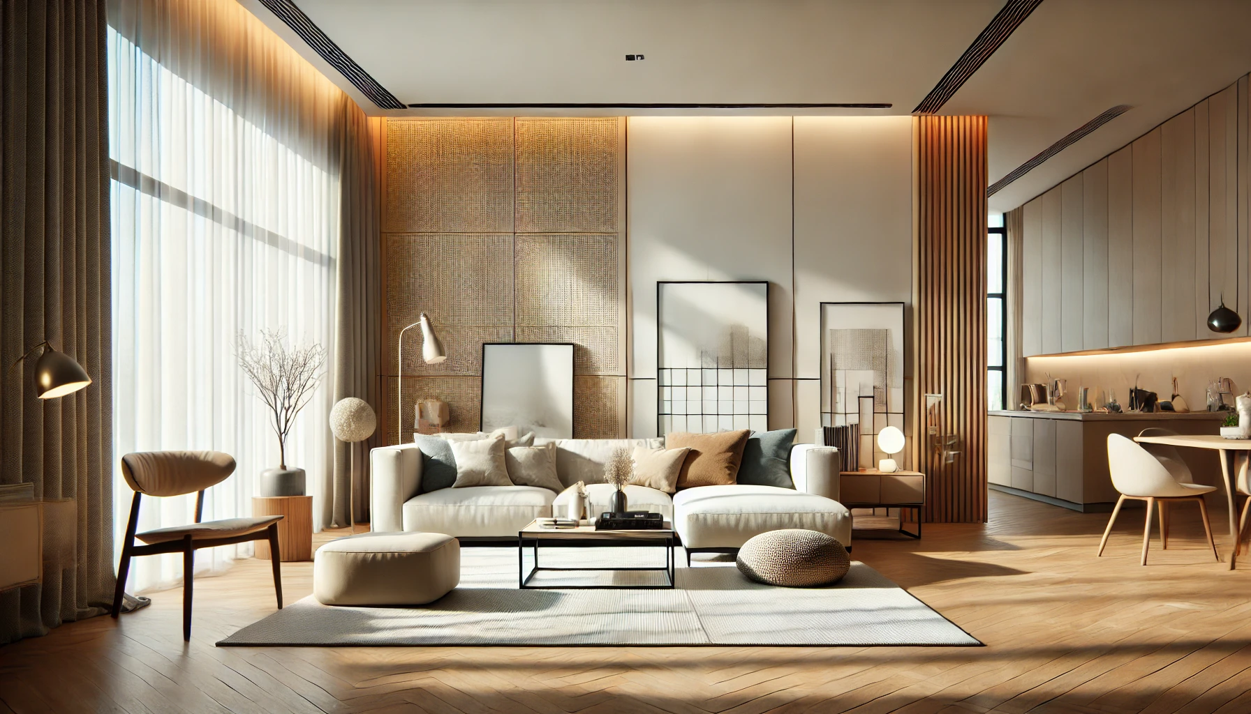 A modern minimalist living room with a high-quality, comfortable sofa.