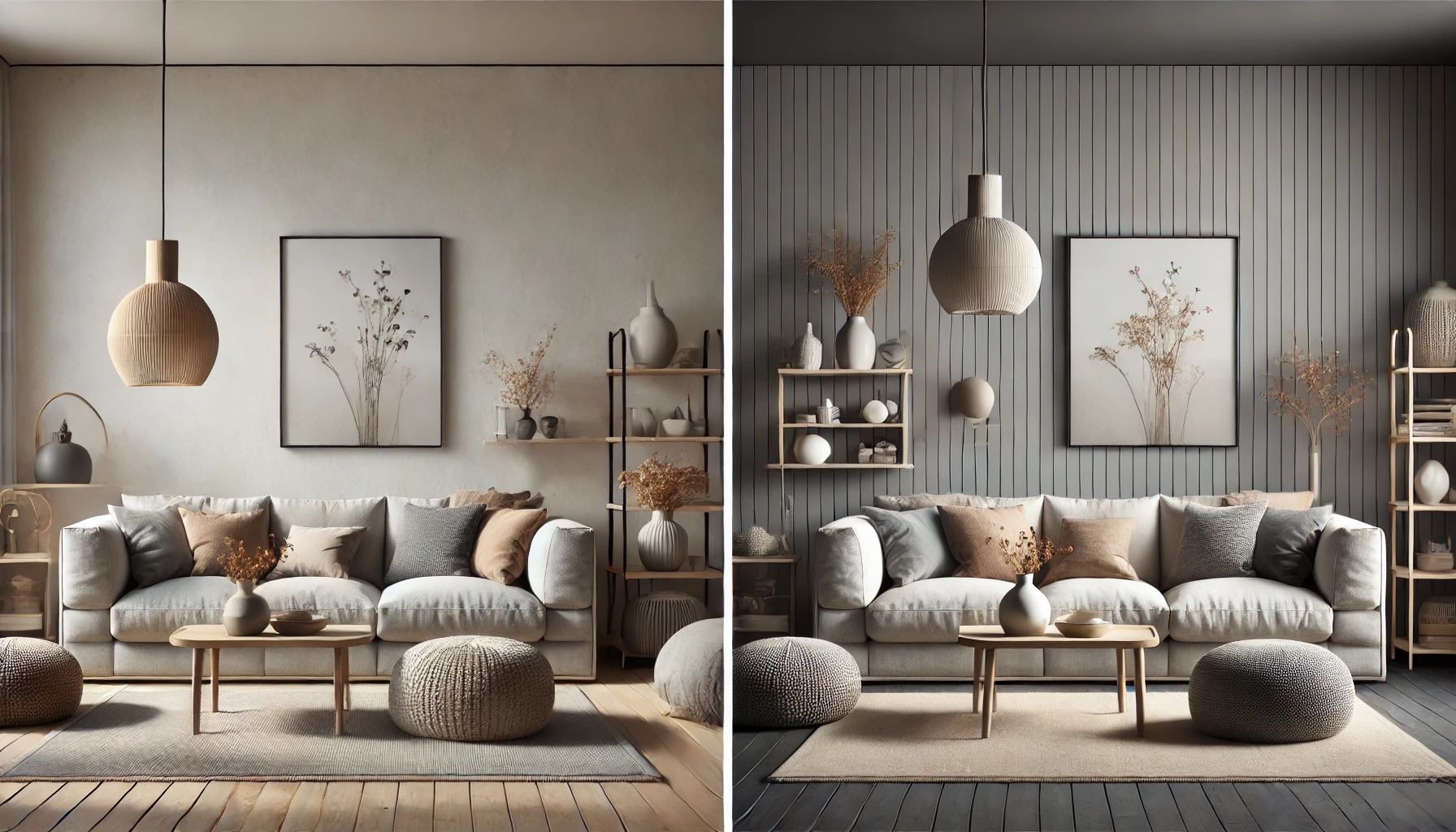 Comparison of two minimalist living rooms using neutral colors.
