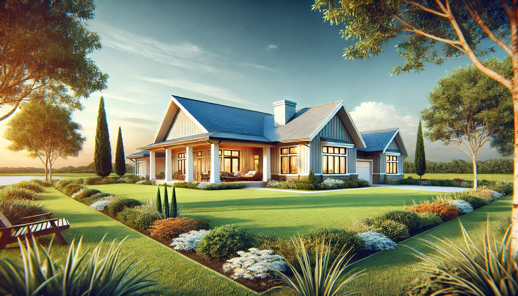 Ranch-style home with single-story layout, long and low profile, and open floor plan.
