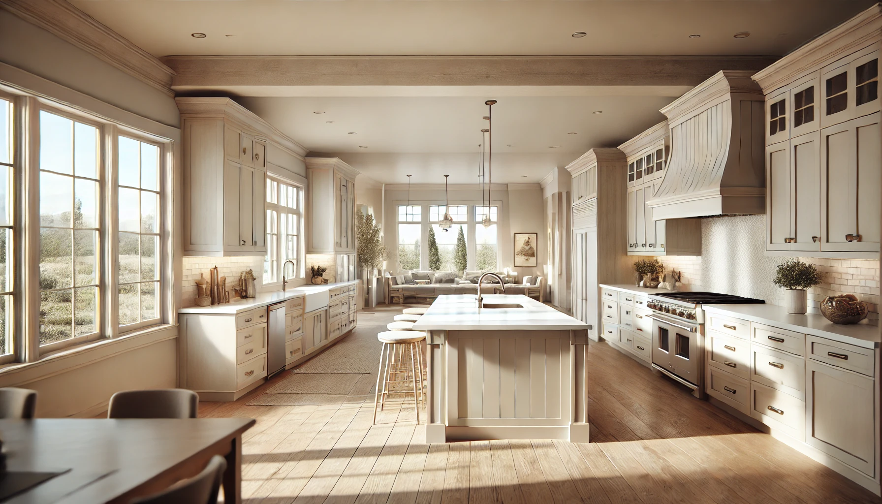 Ranch-style kitchen with open floor plan, large island, and modern cabinetry.