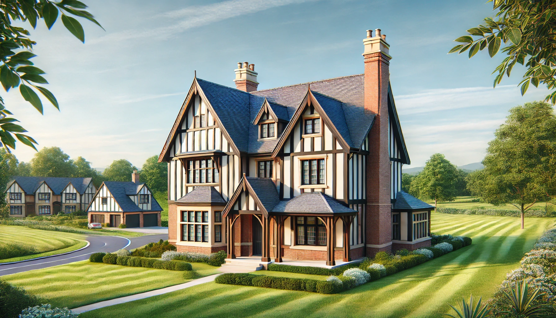 Tudor-style home with steeply pitched roofs, half-timbering, and tall narrow windows.