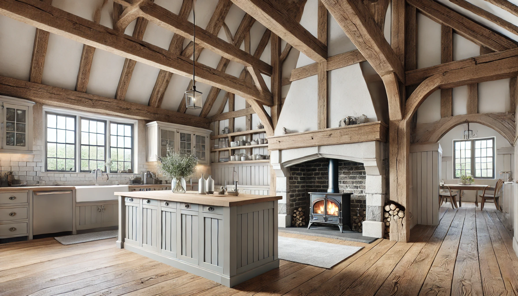 Tudor-style kitchen with exposed beams, stone fireplace, and rustic cabinetry.