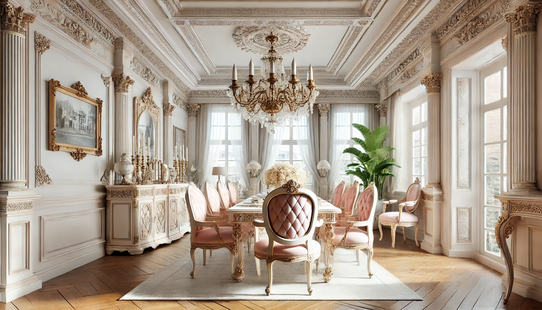 Victorian-style dining room with ornate furniture, chandelier, and detailed woodwork.
