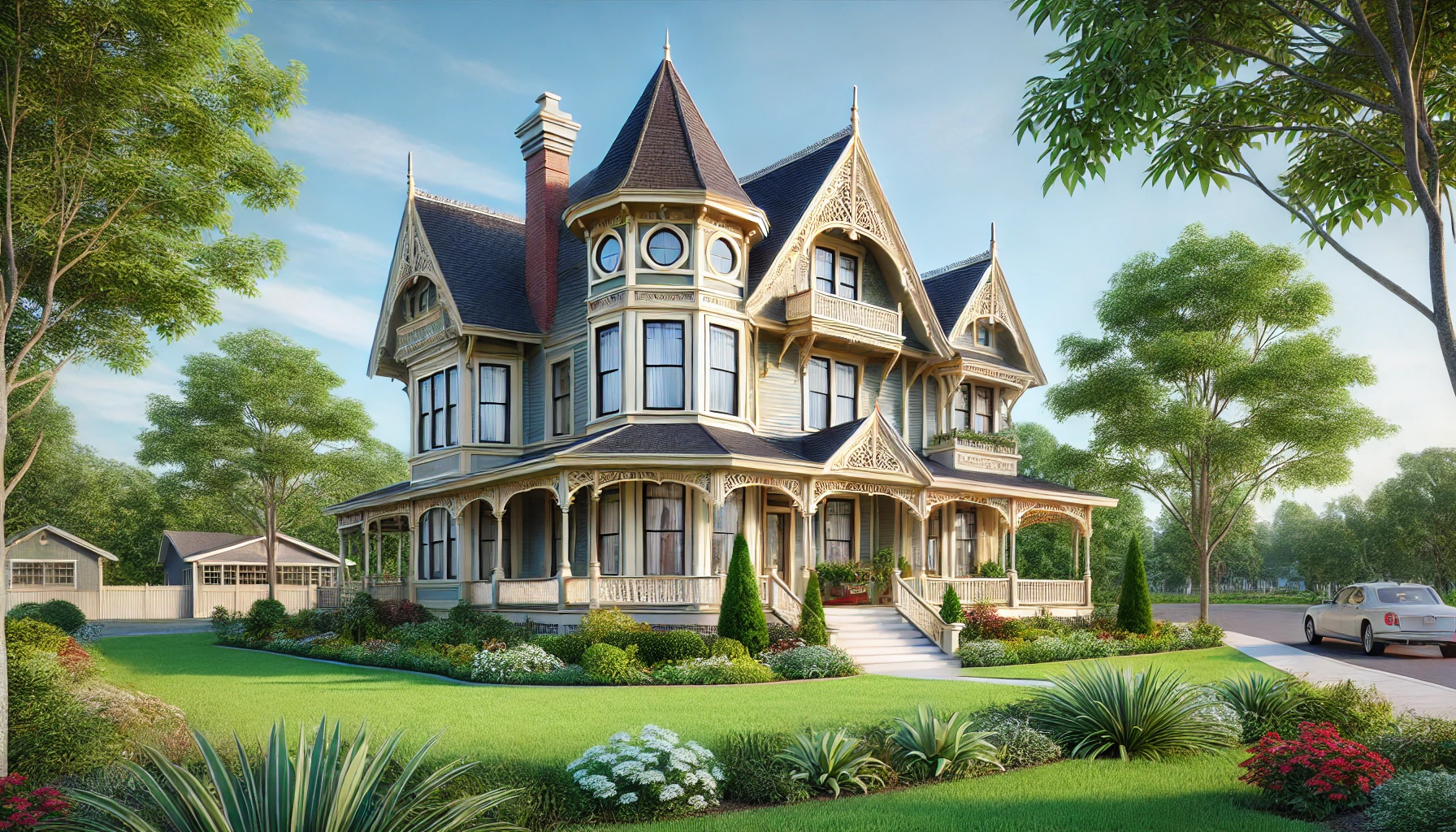 Victorian-style home with ornate details, steeply pitched roof, and wraparound porch.