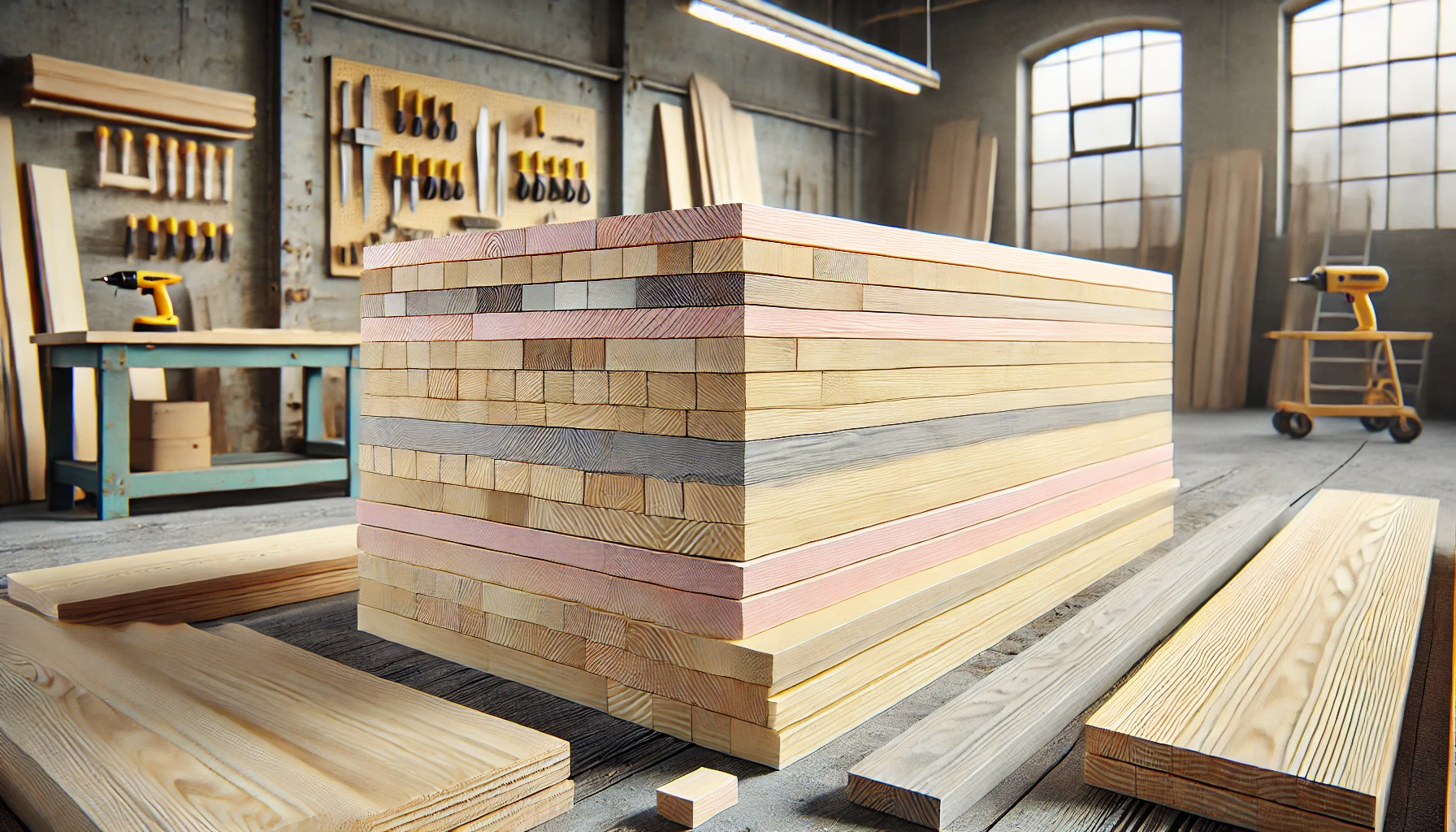 A pile of large 19mm thick 8x4 wooden boards stacked in a workshop setting. 