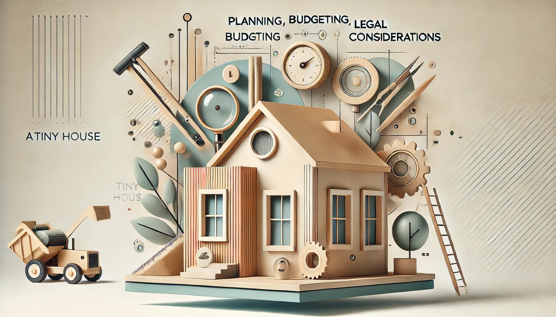 Representing the key aspects of building a tiny house, including planning, budgeting, legal considerations, and eco-friendly features.