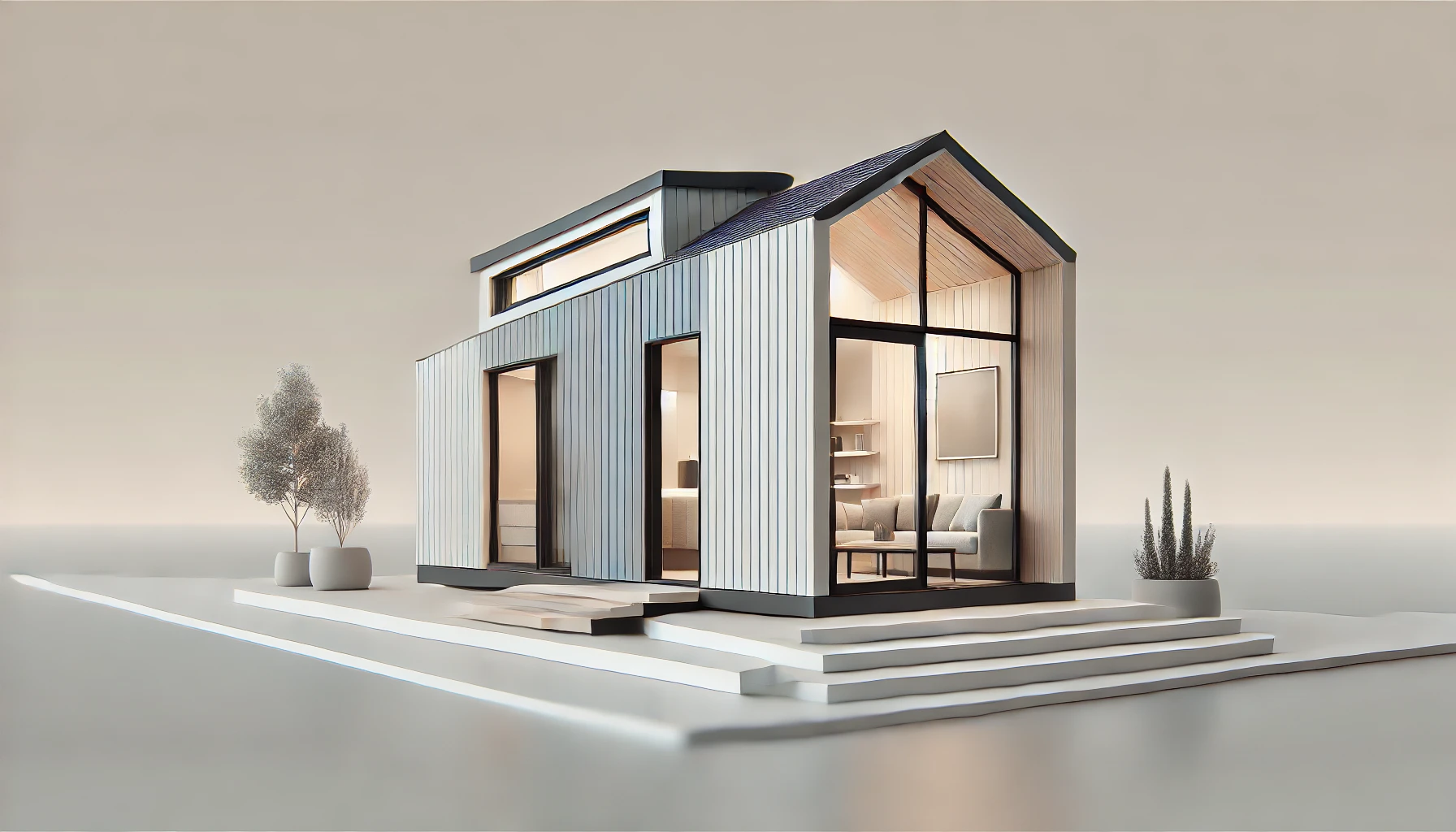 A stylish, modern tiny house design in light, subtle colors, featuring clean lines and a minimalist aesthetic.