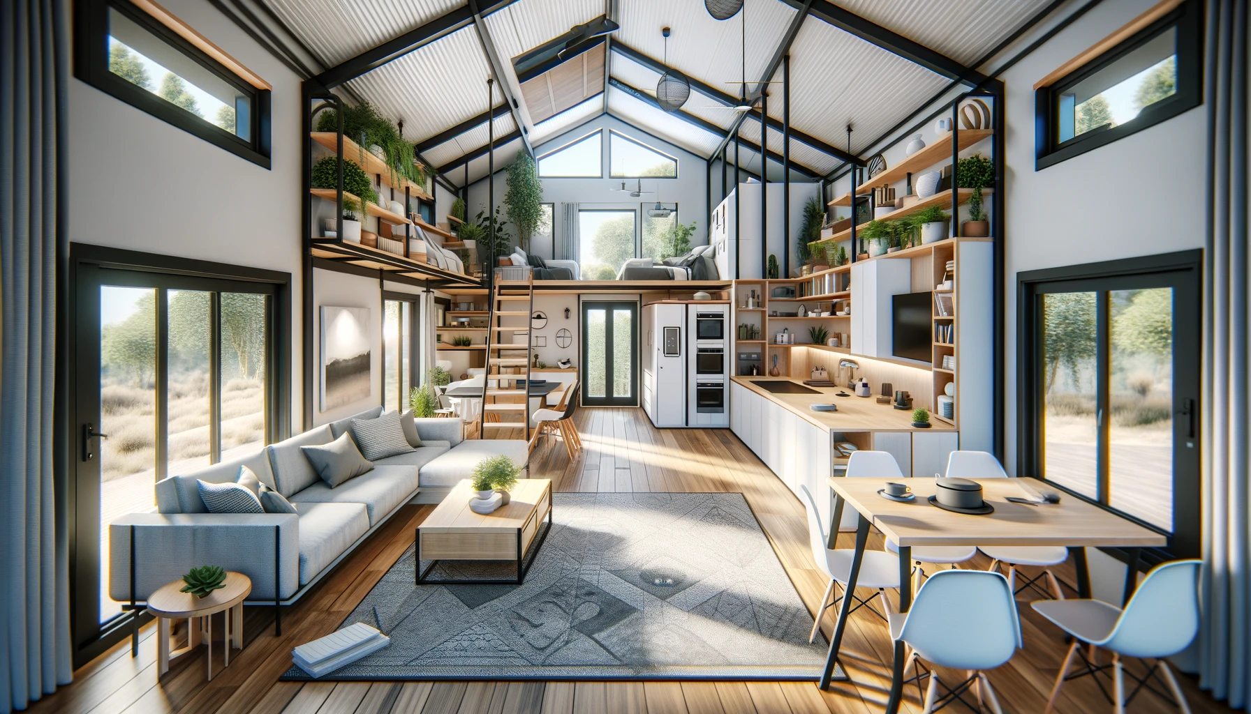 Realistic modern tiny house interior showcasing multi-functional furniture, clever storage solutions, and natural light.