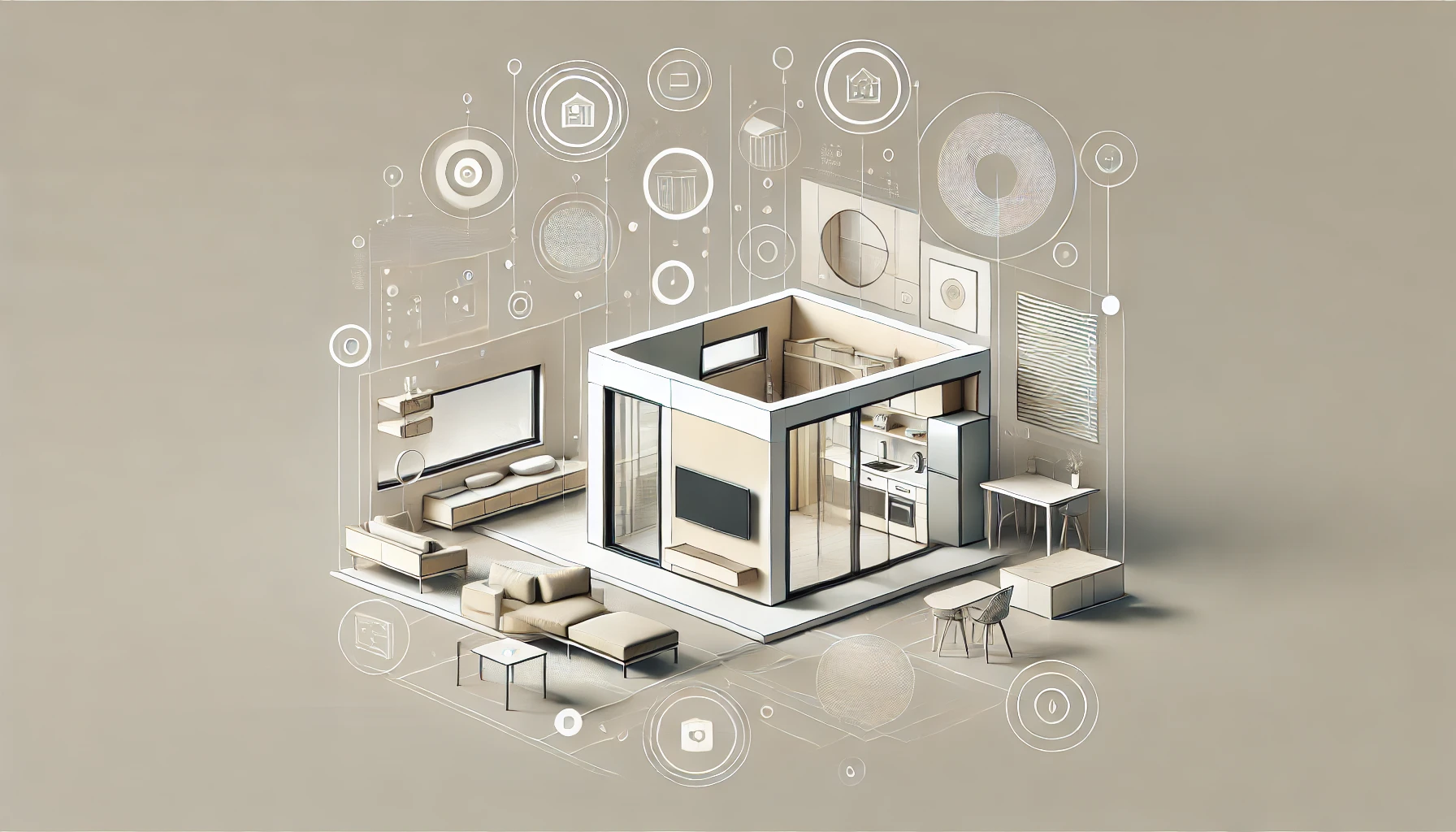 Showcasing key elements of tiny house design, including clean lines, large windows, and a minimalist aesthetic.