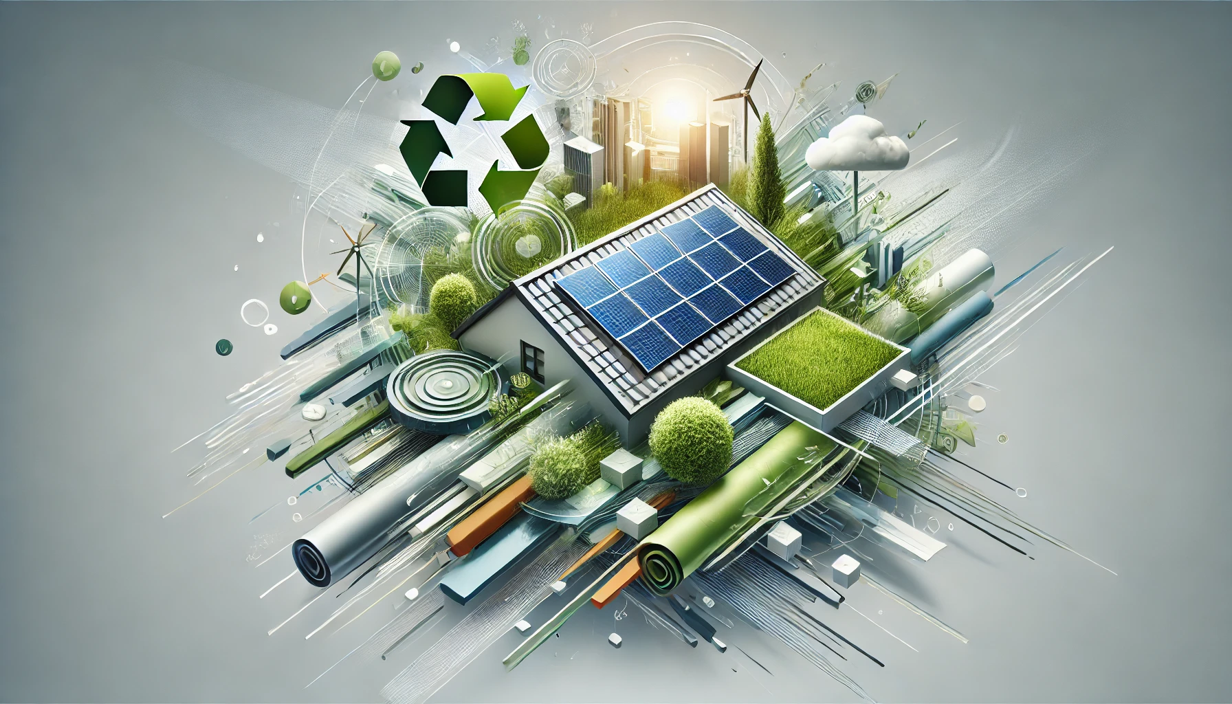 Representing sustainable and eco-friendly roofing options. Elements like solar panels, and green roofs.
