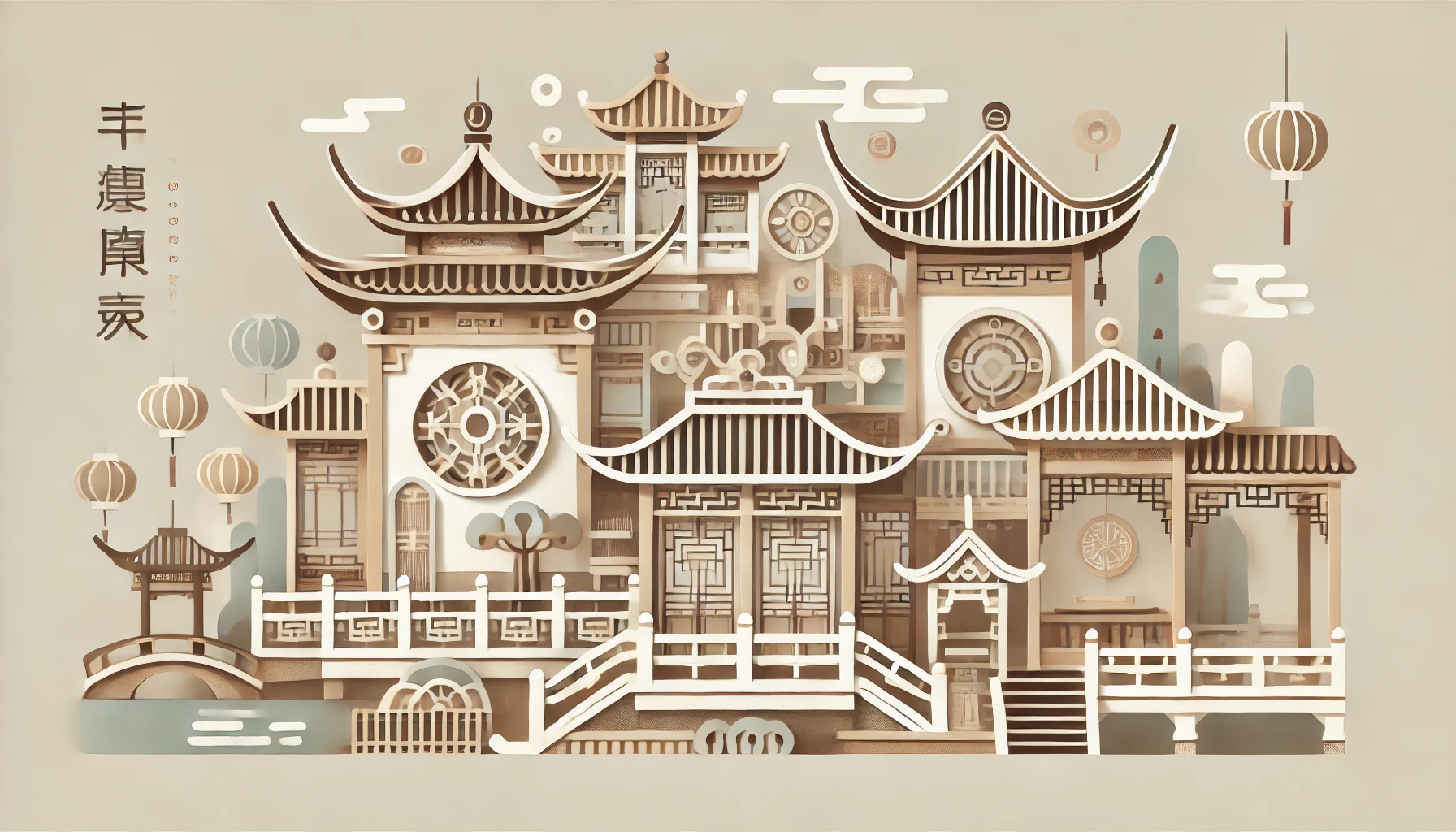 Illustration representing traditional elements in Chinese architecture, including pagodas, upturned eaves, intricate woodwork, and traditional courtyards.