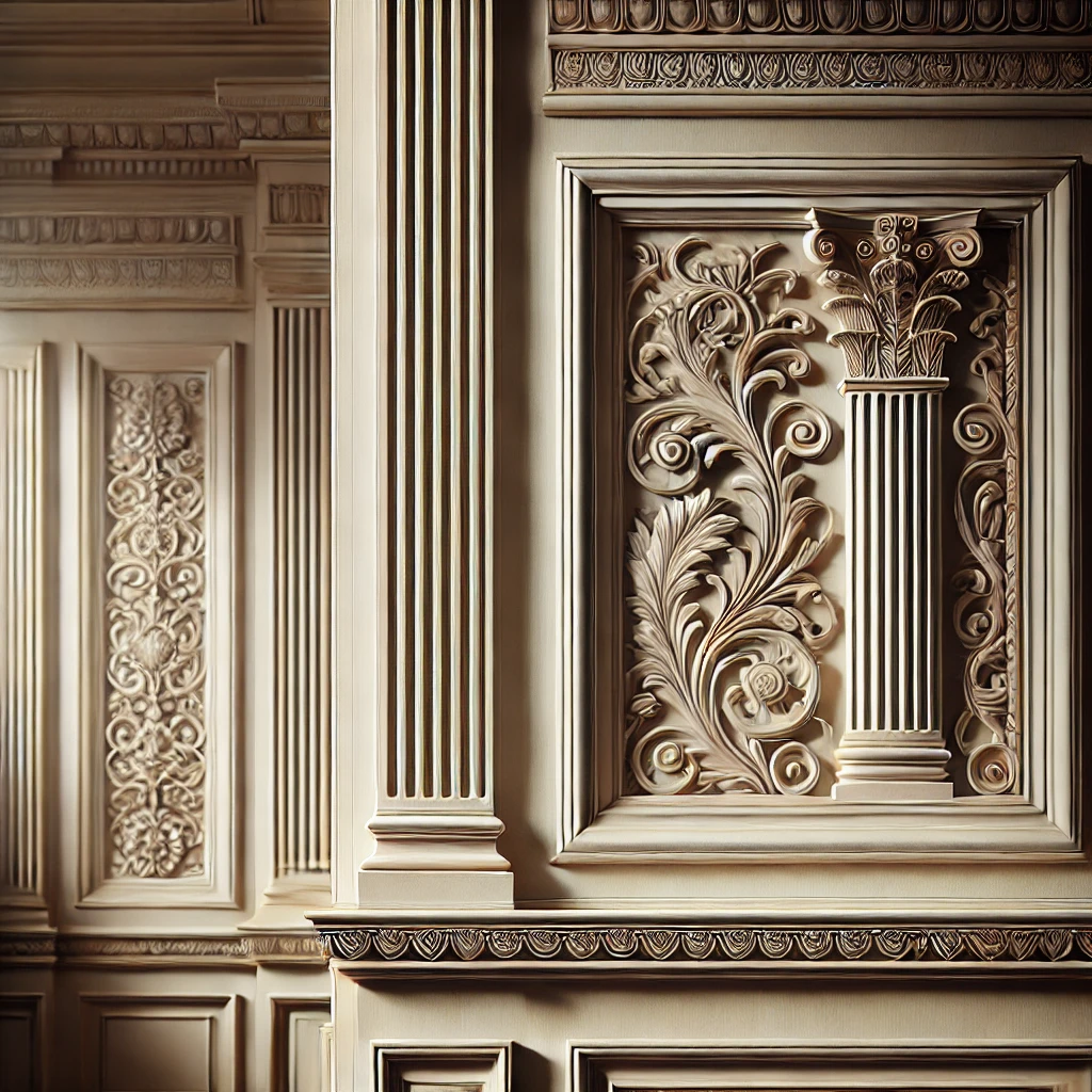 A close-up view of a Georgian Colonial interior, featuring paneled walls and intricate moldings.