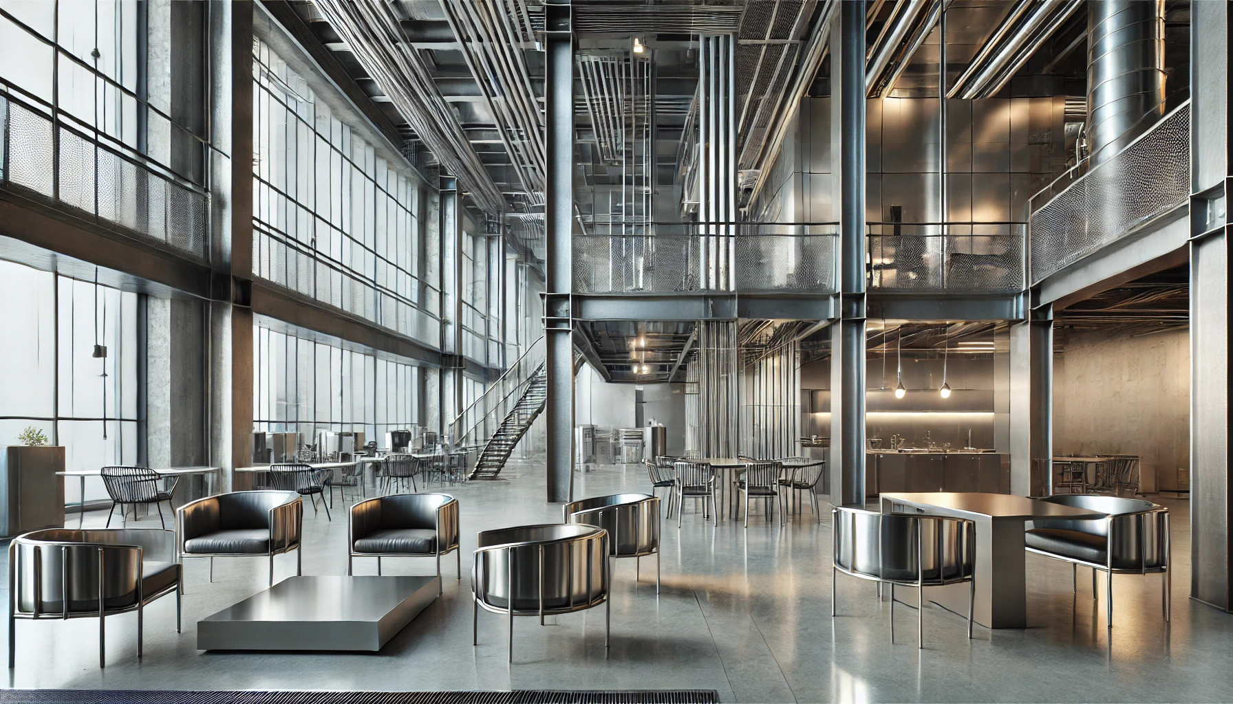 A living room featuring the use of metal in modern architecture.
