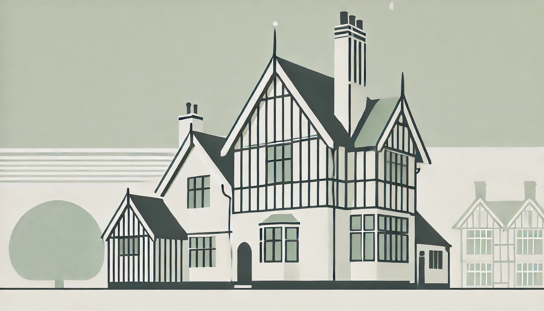 A House inspired by English Tudor-style homes, focusing on iconic elements like a steeply pitched roof and tall, narrow windows