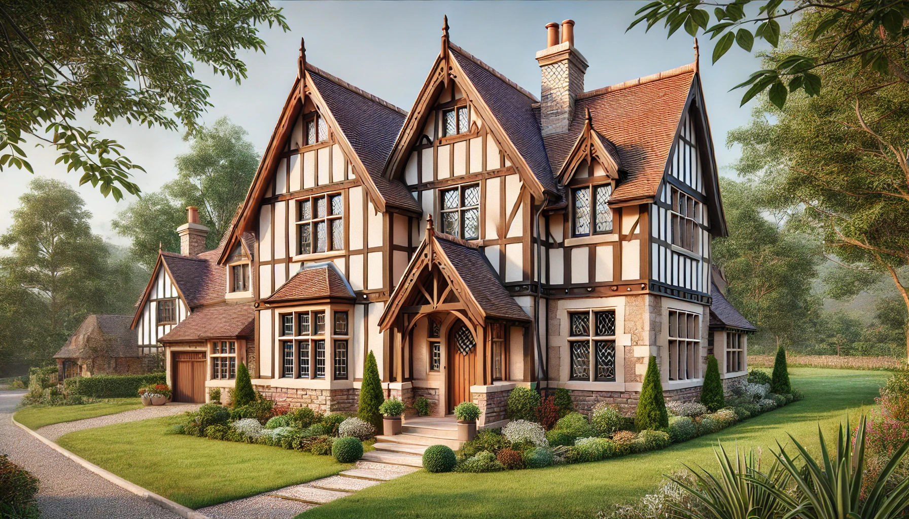 an English Tudor-style cottage with architectural steeply pitched roof and tall narrow elements