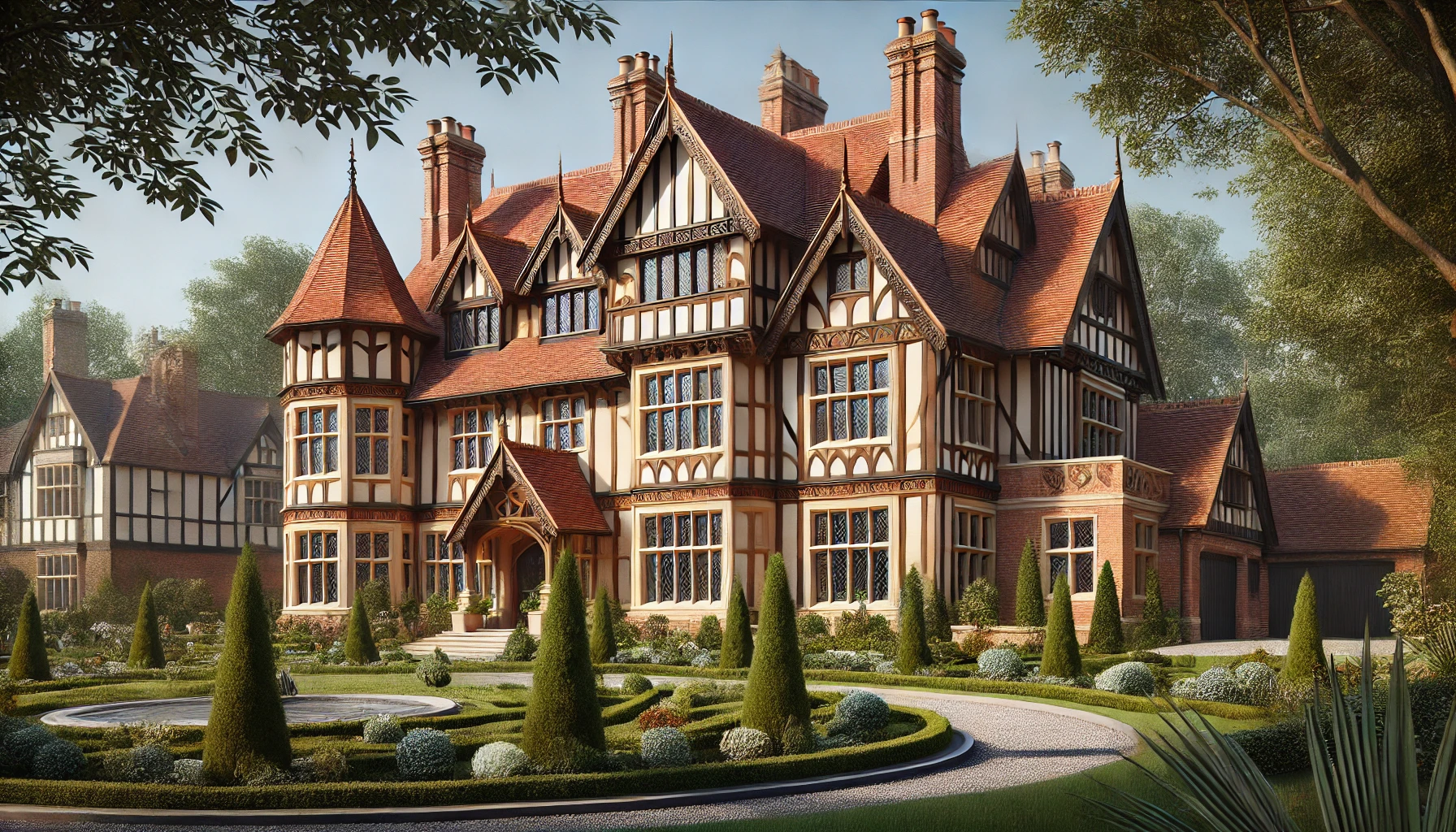 a grand English Tudor-style mansion with classic Tudor architecture elements