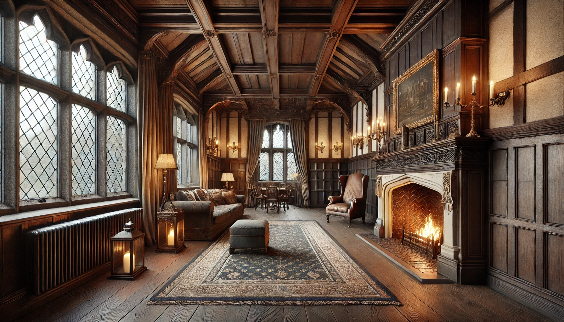 English Tudor-style Mansions interior featuring classic elements like dark wood beams, stone accents, and a cozy fireplace