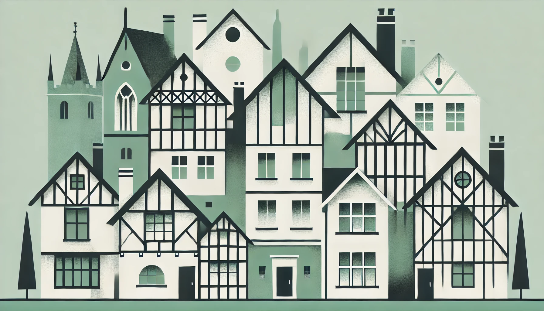  representation of Tudor-style houses. including iconic Tudor elements like steeply pitched roofs, half-timbered facades