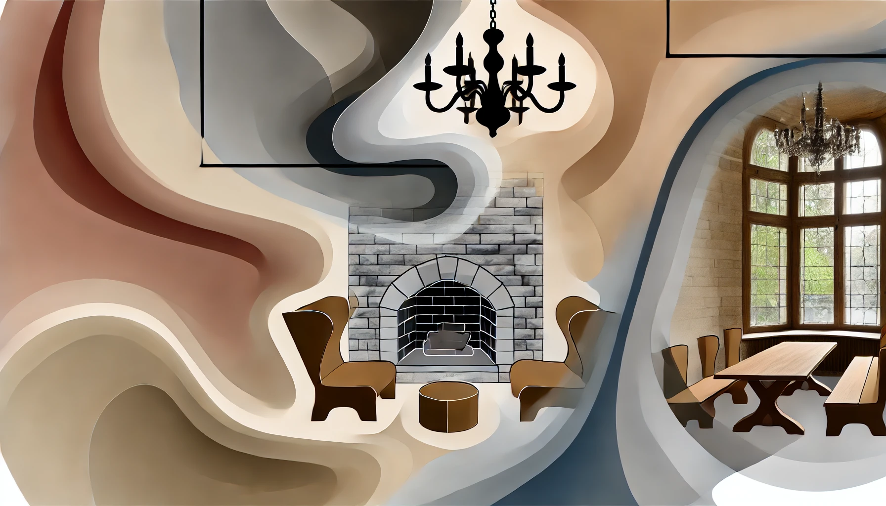 Medieval castle interior decor, focusing on key elements like grand stone fireplaces, heavy wooden furniture.