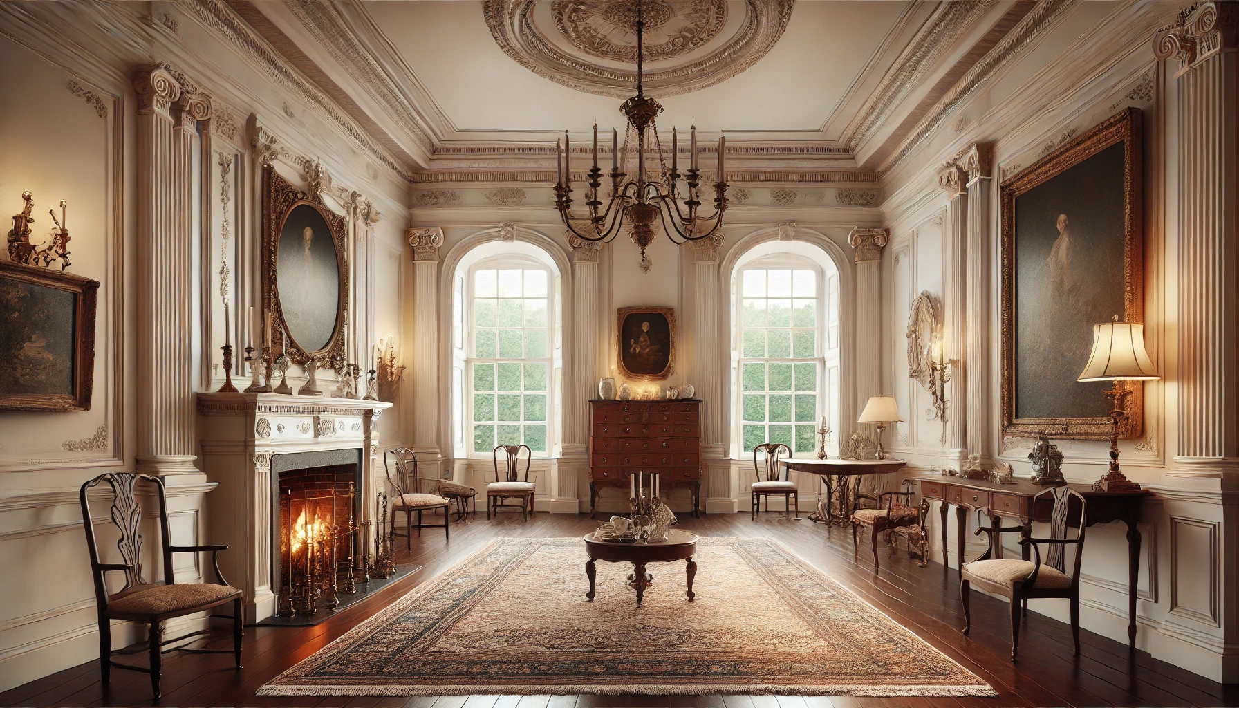 1810s Federal-style interior design with elegant woodwork, period furniture, and symmetrical layout.