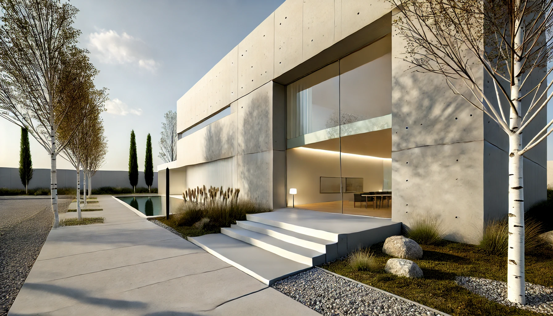 Exterior design emphasizing simplicity, balance, and texture.