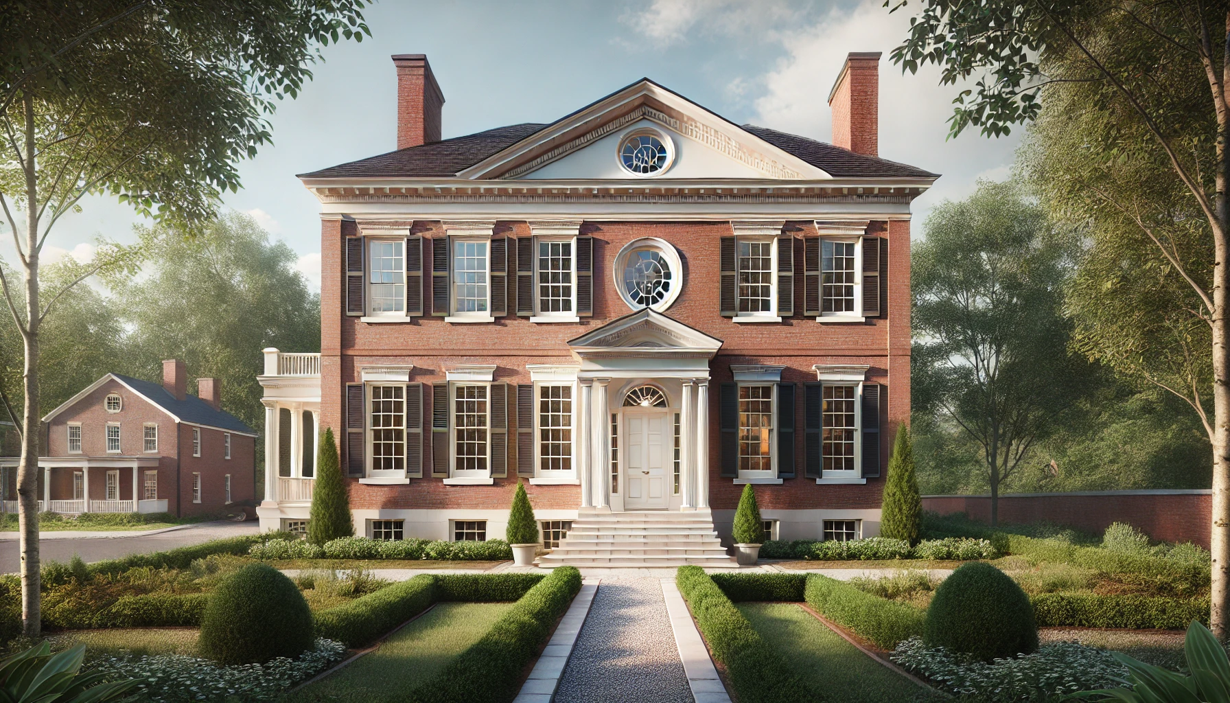An 1810s Federal-style house with classic symmetrical design, brick facade, and elegant white trim.