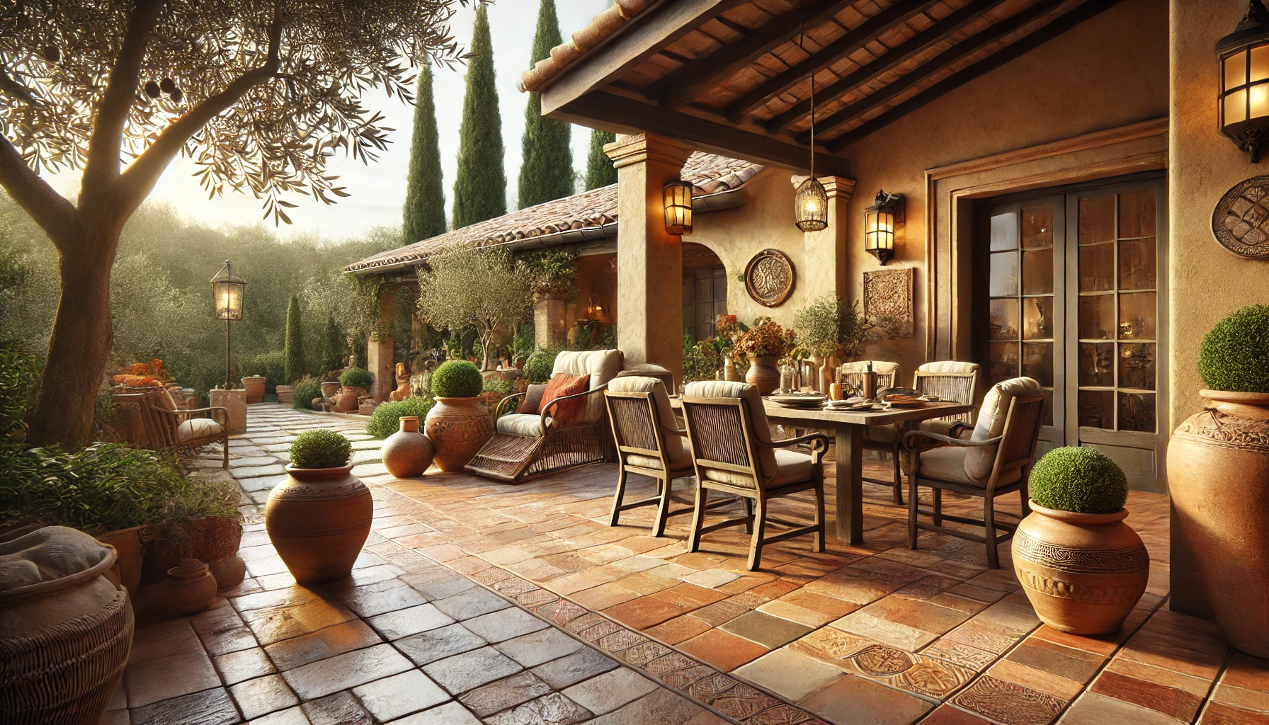 outdoor dining area with handmade terracotta tiles and mediterranean garden