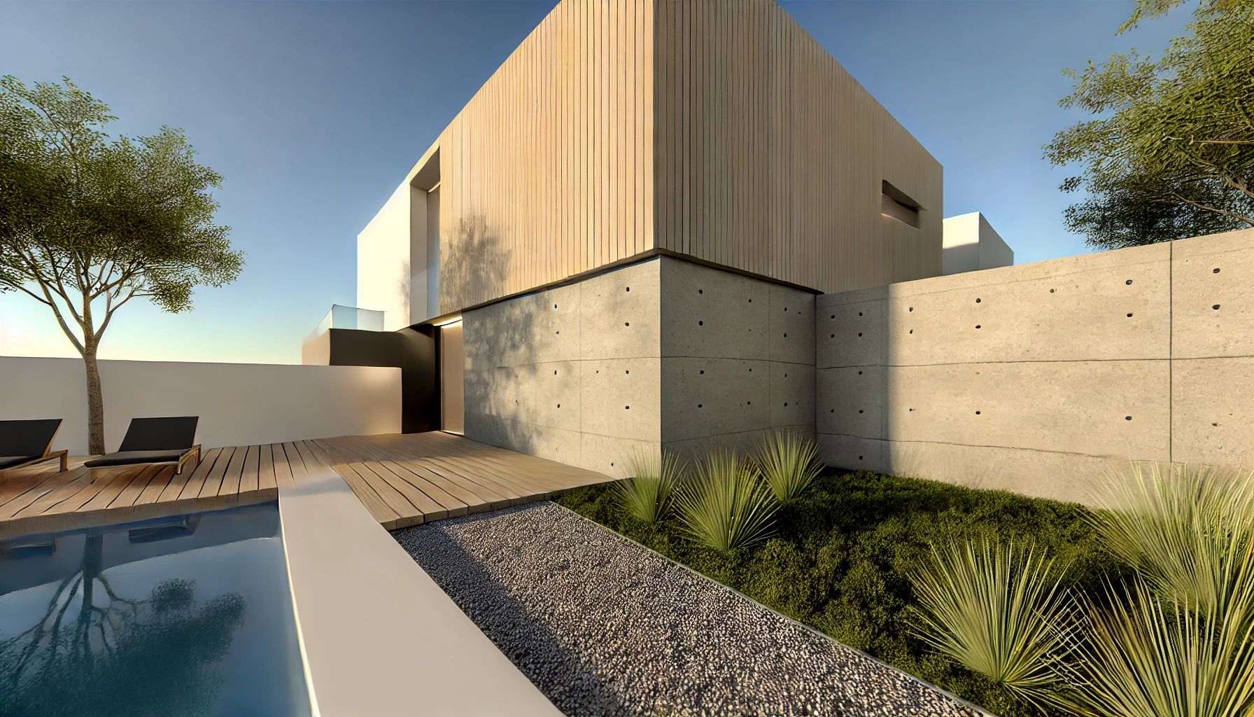 Minimalist modern exterior emphasizing balance, texture, and lighting for a sleek architectural look.