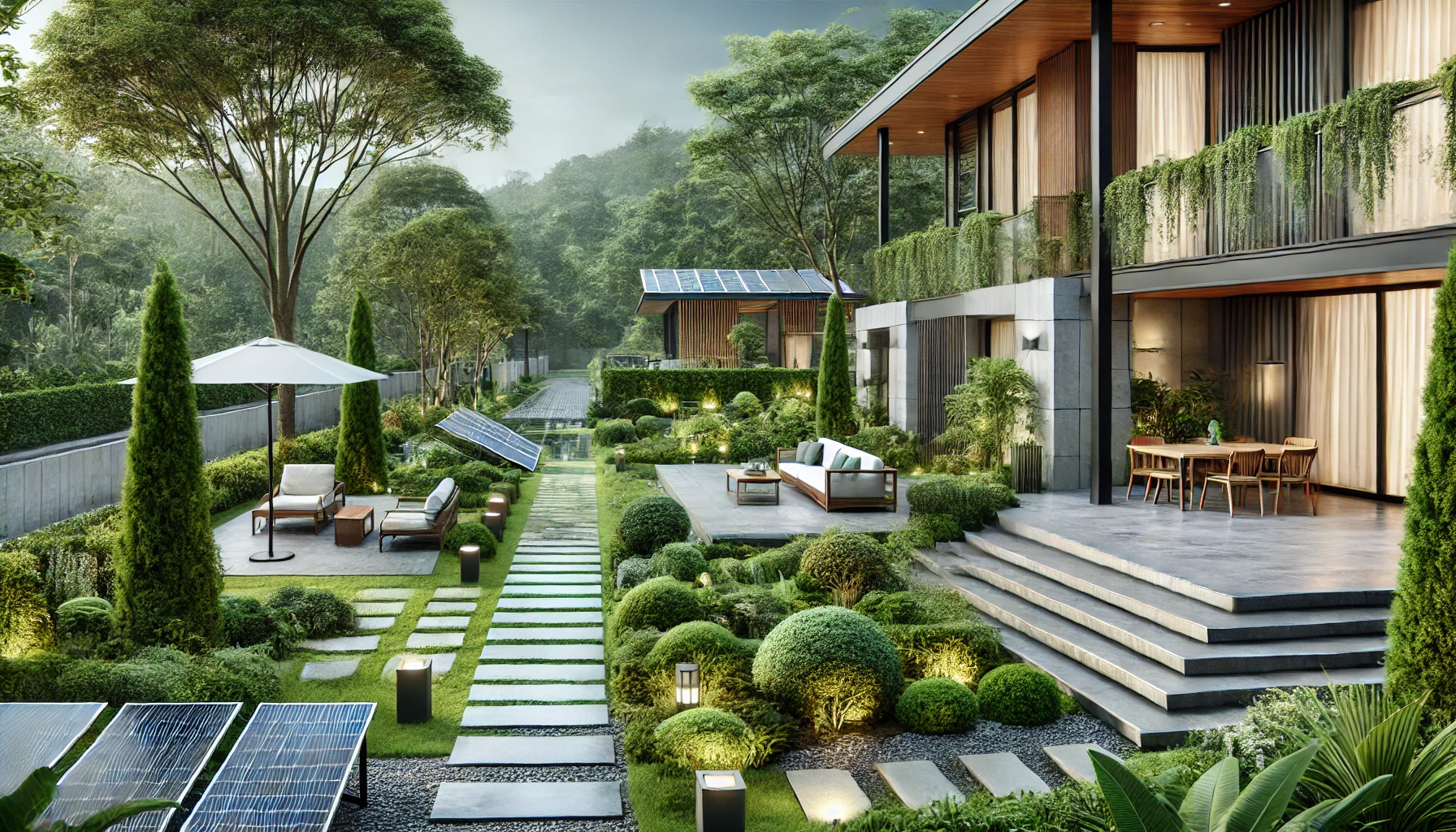 A modern outdoor space with detailed landscaping and a meticulously designed garden.