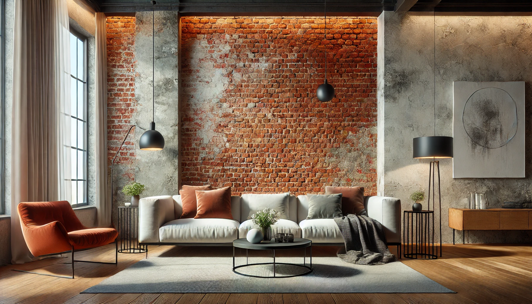 modern living room with an antique red brick accent wall, minimalist decor, and soft lighting for a warm, vintage charm