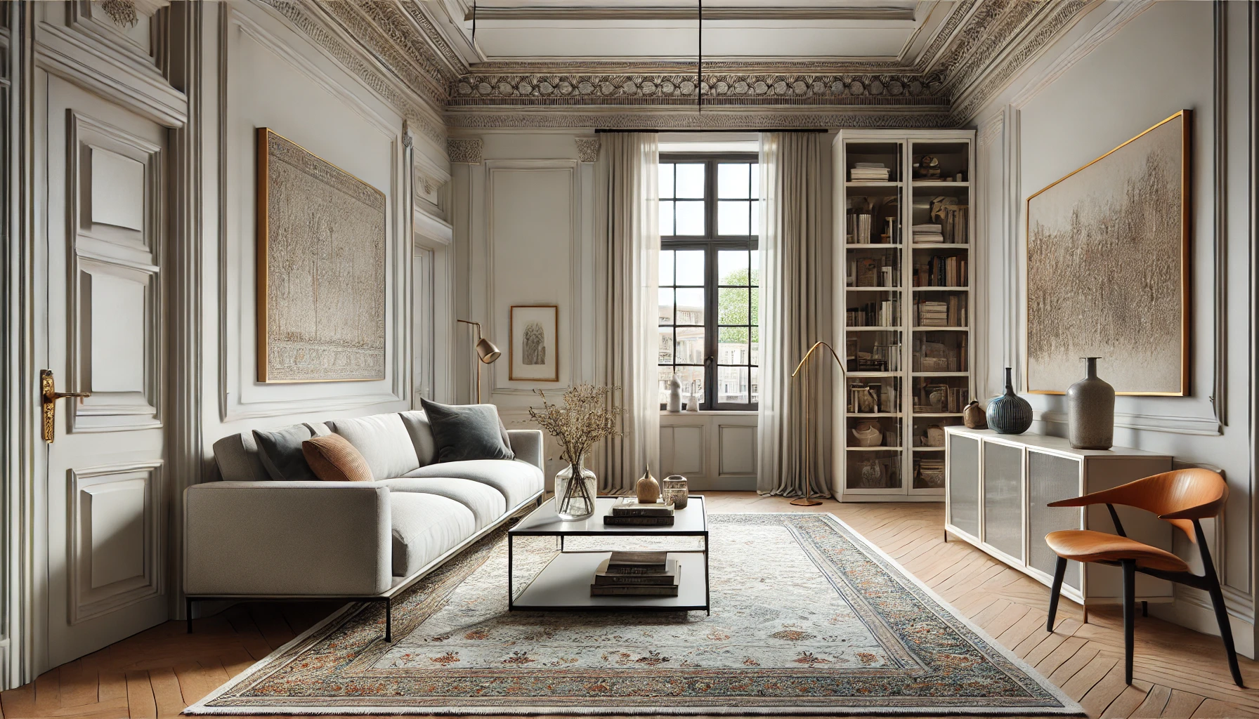 Transitional modern living room with a modern sofa, Persian-style rug, crown molding, and a vintage vase for balanced design.