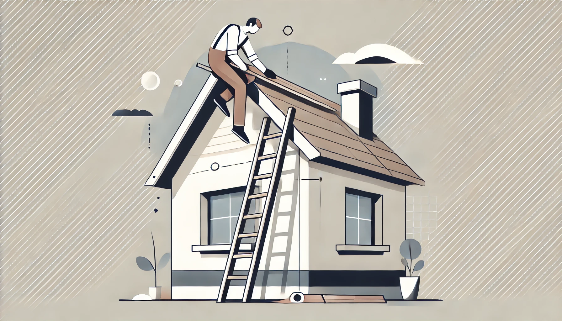 An illustration of a craftsman on a ladder repairing a barge board on a house gable.